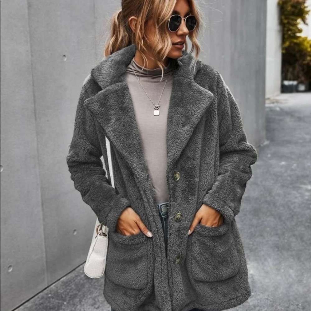 SHEIN Teddy Dual Pocket coat in dark grey large